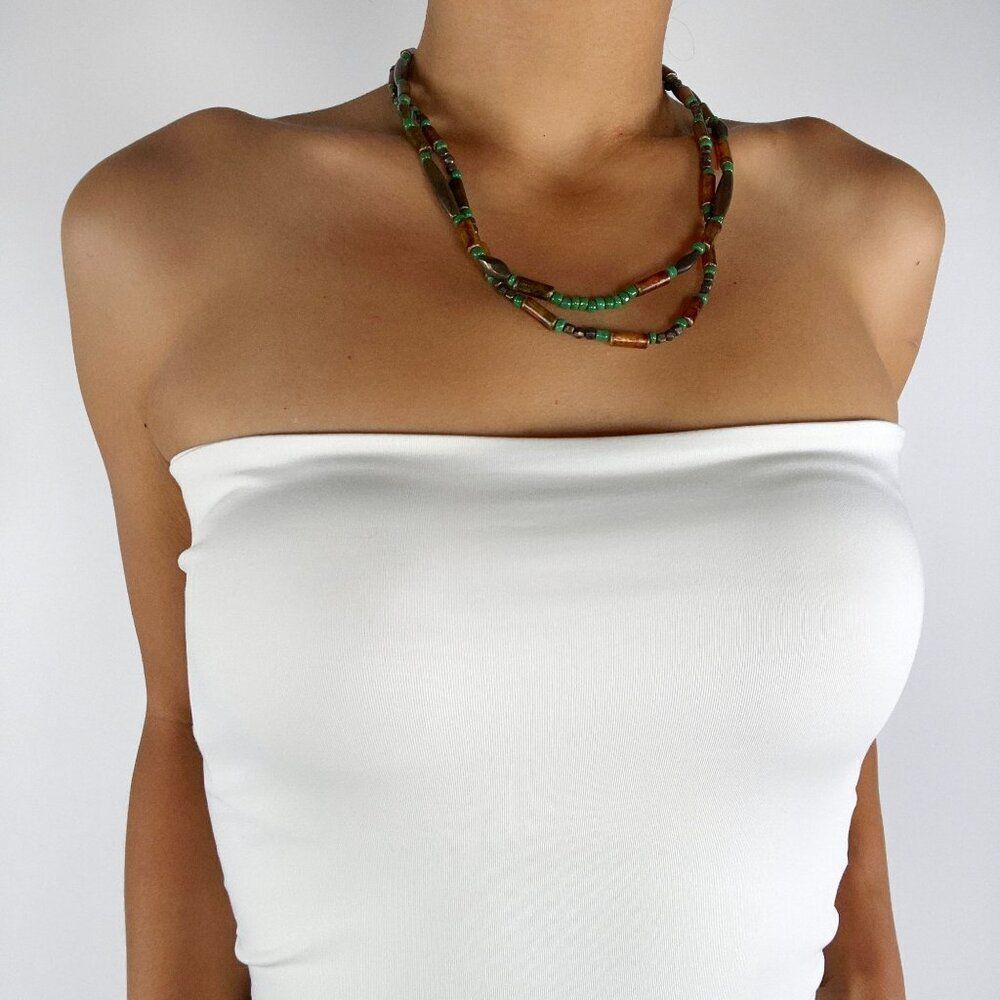 Vintage Y2K Brown Beaded Layered Necklace - Bohemian Hippie Fairycore Jewelry